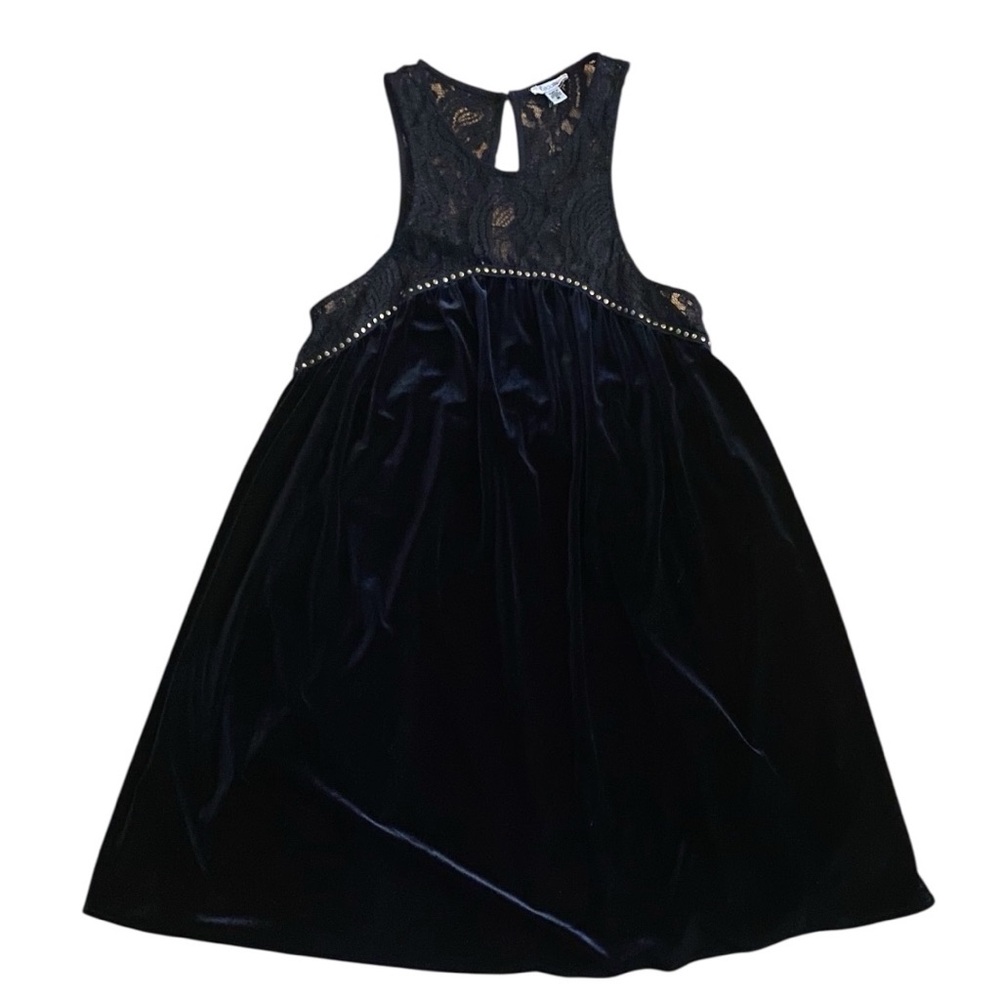 Ecote Black Velvet Swing Dress Sz S Lace and Stud Accents Mini Elegant Gothic